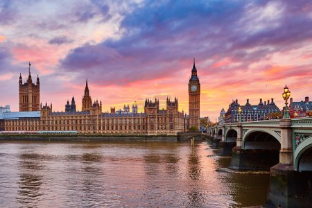 Big Ben and Westminster Bridge at sunset