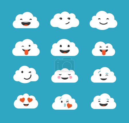 Clouds cute emoji, smily emoticons faces set