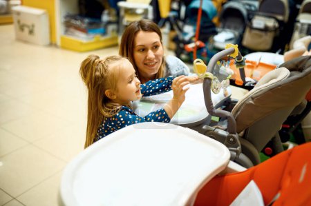 Mother and little daughter buying baby stroller in store. Mom and adorable girl near the showcase in childrens shop, happy childhood, family makes a purchase in kids market