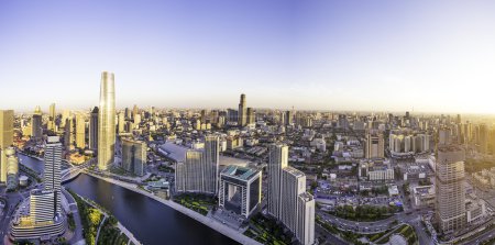 Panoramic skyline of Tianjin at sunrise