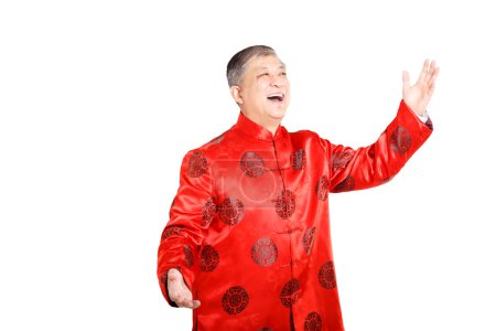 portrait of old man in mandarin with gesture