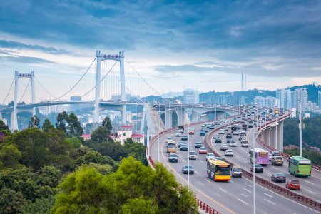 xiamen haicang bridge at dusk with busy traffic