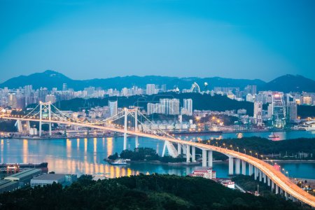 aerial view of xiamen haicang bridge in nightfall 