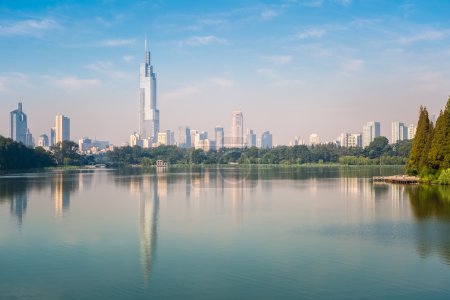 modern city building reflected in the lake