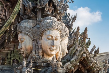 closeup of the wooden statues in sanctuary of truth