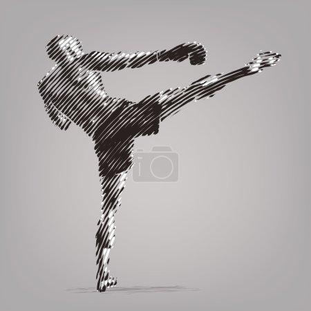 踢的拳击手。墨迹样式的绘图中的矢量插图