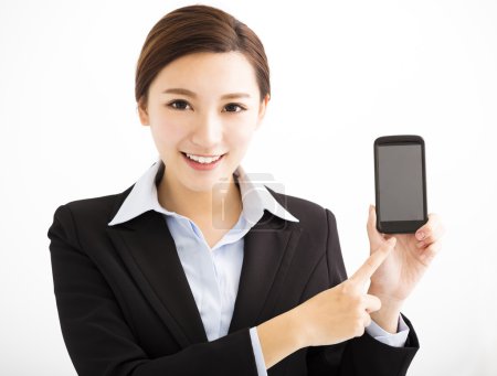 快乐业务女人呈现移动智能手机