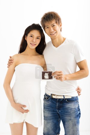 快乐孕妇和丈夫显示超声图像