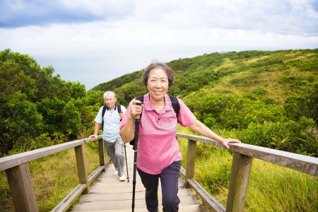 快乐的年长夫妇徒步山公园