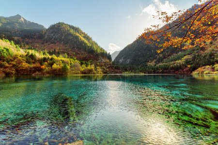 Amazing view of the Five Flower Lake among wooded mountains