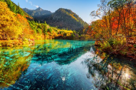 Fantastic view of the Five Flower Lake with azure water