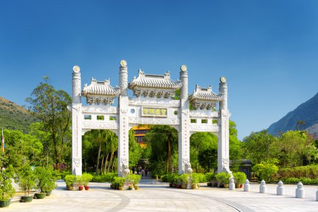 The white gate leading to the Po Lin Monastery in Hong Kong