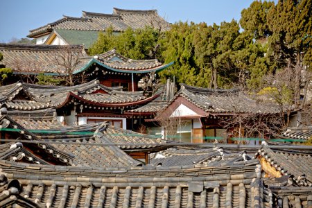 Traditional Korean style roof tops of Bukchon Hanok Village in S