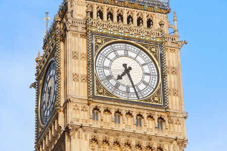 Big Ben close up in London, blue sky