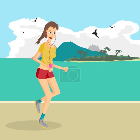 矢量现代平面设计女人戴着耳机听亩