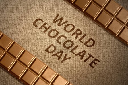 巧克力条，世界巧克力日文字为褐色背景。世界巧克力日
