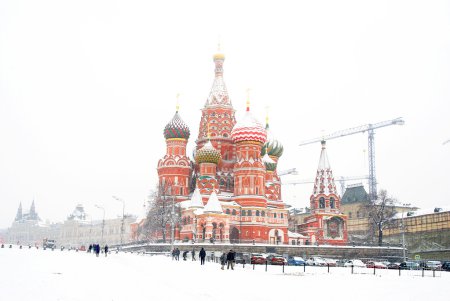Saint Basils Church in Moscow at extreme snowstorm.