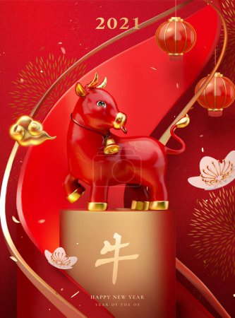 2021 Happy New Year poster, 3d illustration ox standing on a podium with swirl background, pink floral and hanging lanterns decorations, Chinese text: ox