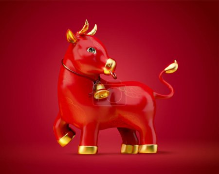 Lovely ceramic red ox with cow ring and bell isolated on red background, 3d illustration