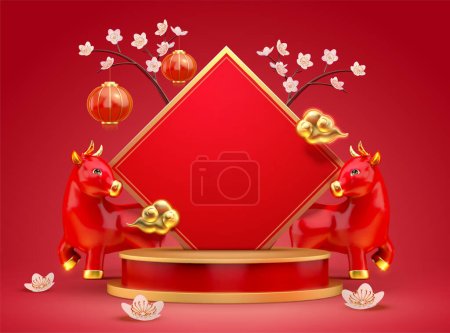 Year of the ox 3d illustration background design with red cows, round podium and blank doufang