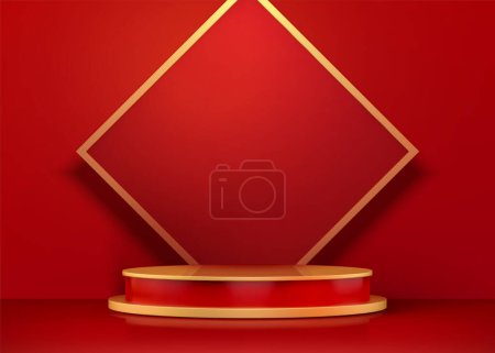 Blank doufang and round podium background for lunar new year, 3d illustration