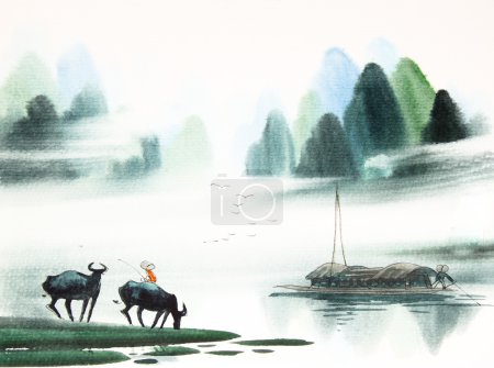 Chinese landscape watercolor painting