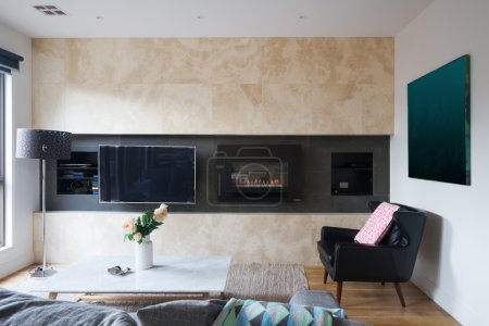 客厅的墙上安装的电视和天然气壁炉