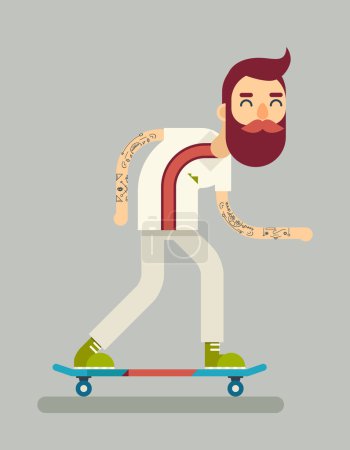 微笑成年男子极客滑板车快乐时髦人物骑滑板图标符号时尚背景平面设计模板矢量图
