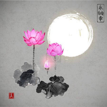 Pink lotus flowers and the moon