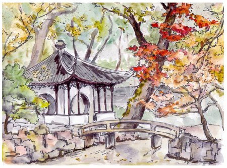 Chinese garden with bridge and pagoda pavilion in Suzhou , China