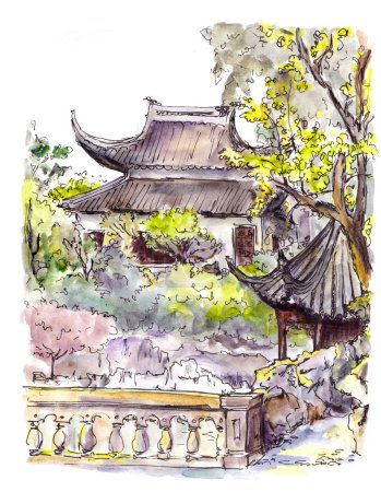 Chinese garden with pagoda in Suzhou, China. Watercolor