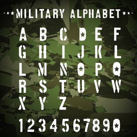 Military stencil alphabet on a camouflage background, vector illustration