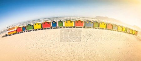 Multicolored beach huts at St James seaside near Simon Town - Atlantic pacific coast near Cape Town in South Africa