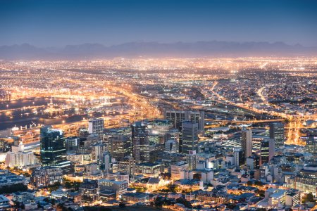 Aerial view of Cape Town from Signal Hill after sunset during the blue hour - South Africa modern city with spectacular nightscape panorama