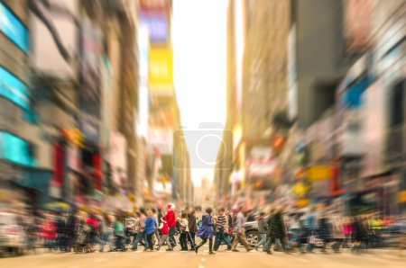 Melting pot people walking on zebra crossing and traffic jam on 7th avenue in Manhattan before sunset - Crowded streets of New York City during rush hour in urban business area