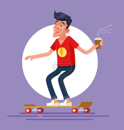 Cool man character with takeaway coffee riding board skateboard. Vector flat cartoon illustration