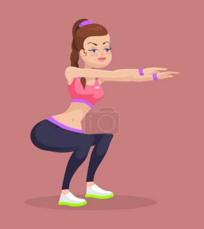 女孩做蹲起动作。矢量平面插画