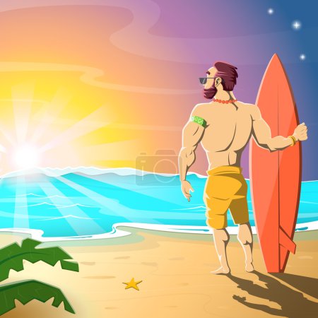 在海滩上的冲浪者。海上日出。炎热的夏天早晨