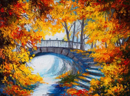 Oil Painting - autumn forest with a road and bridge over the roa