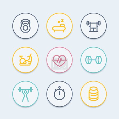 健身行图标，粗轮廓线、 配合和积极的生活方式、 锻炼、 健身图标、 培训、 健身符号矢量图