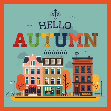 Hello Autumn seasonal background with city