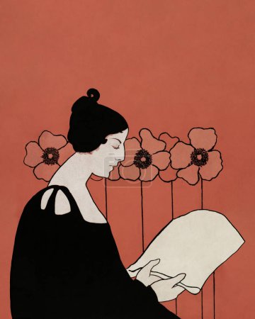 阅读报纸新艺术风格的女人，从Ethel Reed的艺术作品中重新混入