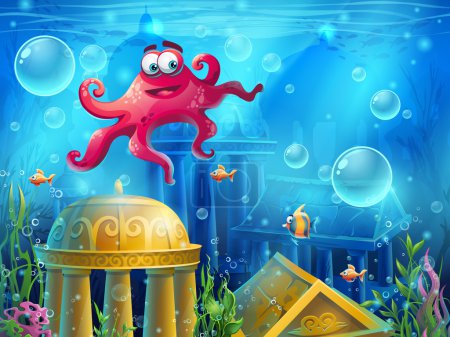 Atlantis ruins cartoon octopus - vector background  illustration