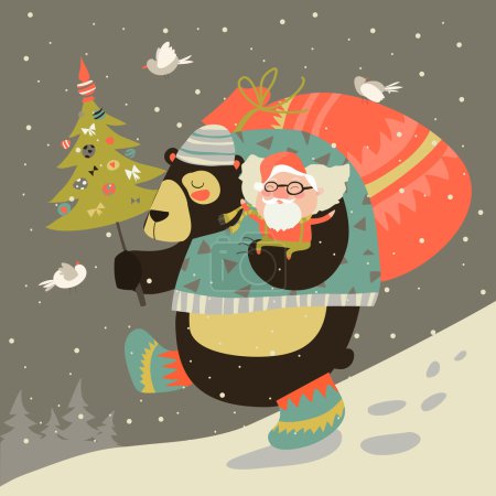 有趣的熊与开心的圣诞老人