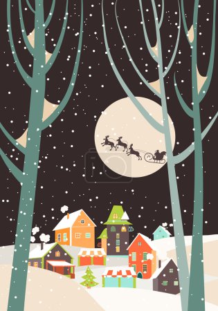 圣诞老人的驯鹿雪橇在城市上空飞行