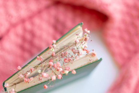 Green book with dry flowers on a pink warm knitted sweater background