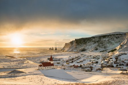 View of Vik city near the Reynisfjara coast on winter Iceland