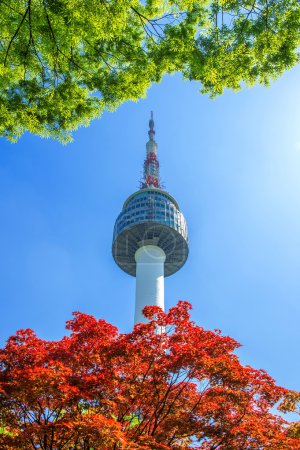 Seoul Tower and red autumn maple leaves at Namsan mountain in South Korea.