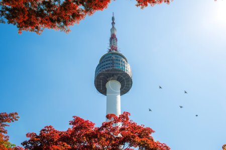 Seoul Tower and red autumn maple leaves at Namsan mountain in South Korea.