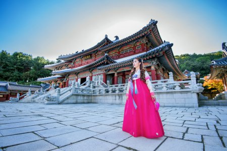 Woman with Hanbok in Gyeongbokgung,the traditional Korean dress.